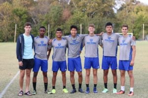 KARLA CONDADO/ TheThreefoldAdvocate Left to right, Ryan Smith, Benard Mwangi, Estiven Saldarriaga, Steve Teshima, Connor Christians, Amilcar Gonzalez and Tim Huffine are among the first-year students on the men’s soccer team. Joao Silva is not in the photo.