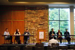 Photo submitted by KARLA CONDADO The College of Republicans and Young Democrats gather to discuss major political issues.