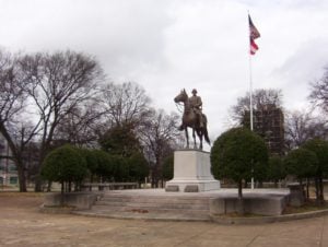 Courtesy of DoxTxob A statue of Nathan Bedford Forrest is located in a Park in Tennessee. He was a confederate general and mem- ber of the Ku Klux Klan. The Memphis city council is attempting to remove the statue, but its applications have been rejected by the Tennessee Historical Commission.