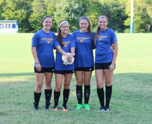 Left to right, Sara Hughes, Hannah Sweaney, Allie McCraken and Katie Haar are the women’s soccer team’s freshmen players.